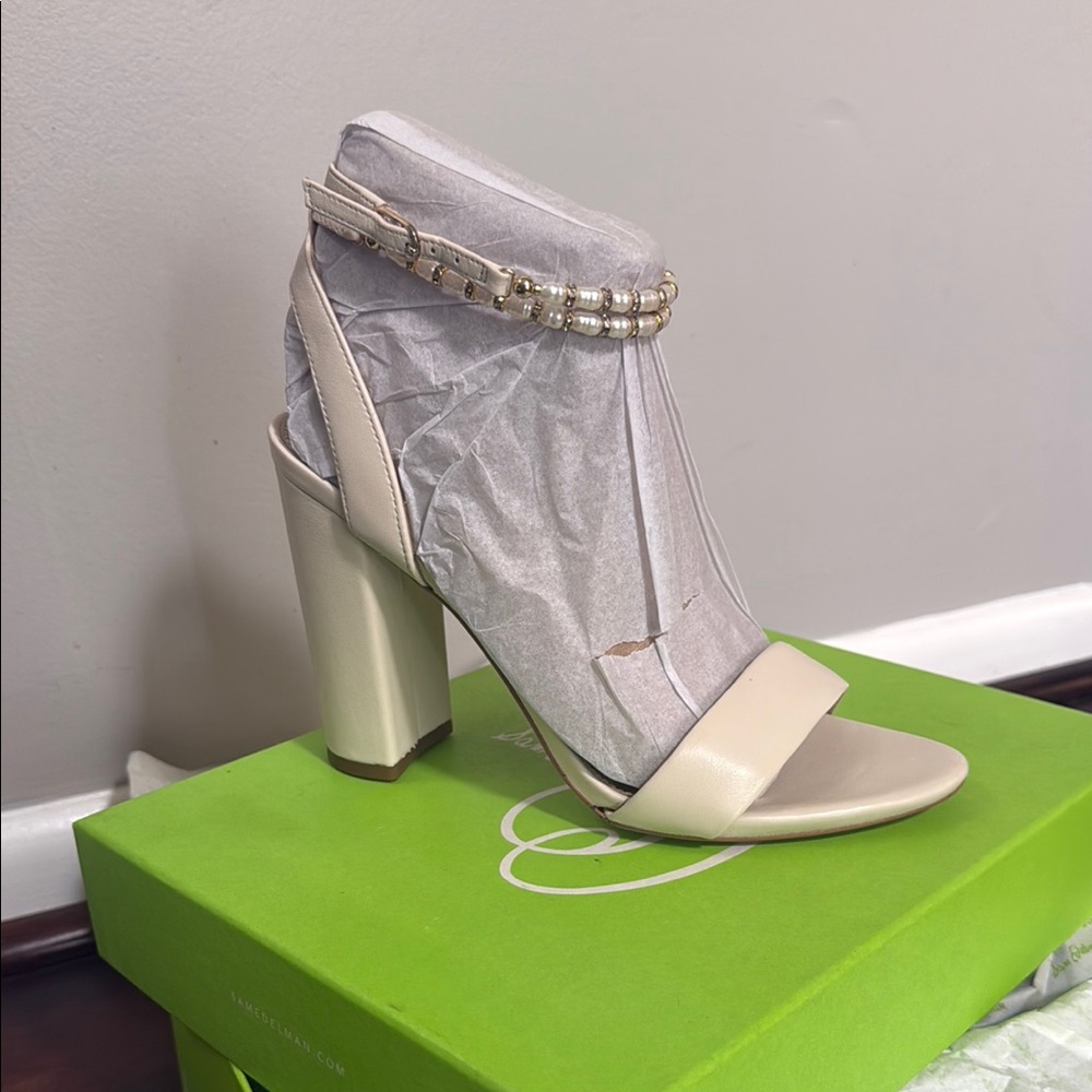 Sam Edelman Cream Chunky Heel Sandals with Ankle Strap
